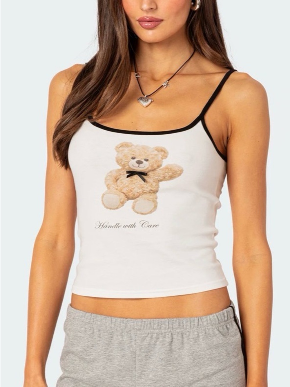 Edikted Klara White Cami Tank with Black Trim and Beige Teddy Graphic